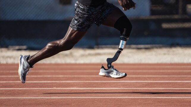 Runner With Prosthetic Leg Training on Track During Sunny Day in a Sports Facility