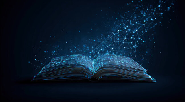 Glowing Open Book with Digital Network