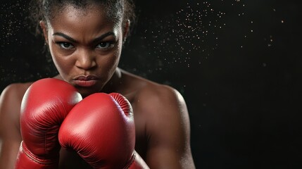 Fitness exercise regimen concept. Focused female boxer poised for action, showcasing determination and strength.