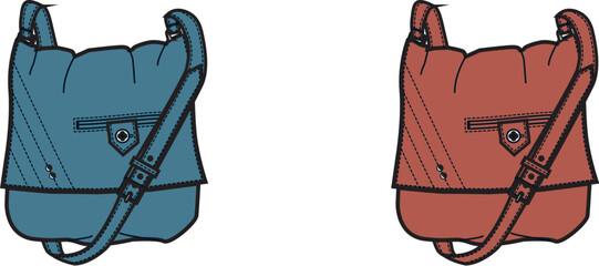 A pair of meticulously crafted vector illustrations showcasing stylish shoulder bags in distinct, contrasting hues, embodying versatile fashion and contemporary everyday practicality