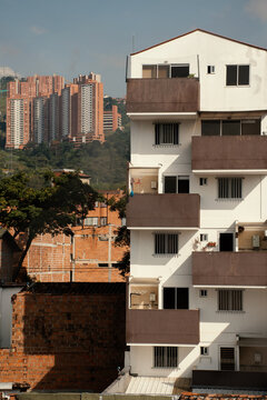 Urban landscape showing contrasting buildings in Medellin, Colombia