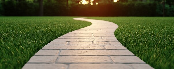 Fitness exercise regimen concept. Curved stone pathway winding through vibrant green grass in a serene outdoor setting.