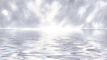 Serene abstract water reflection with soft ethereal light illuminating the horizon.