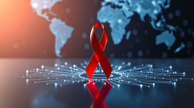 Vibrant Red Ribbon, Symbol of AIDS HIV Awareness, Standing on a Digital Global Network Hub Against a Dark World Map Background, Representing Worldwide Health Crisis and Scientific Research