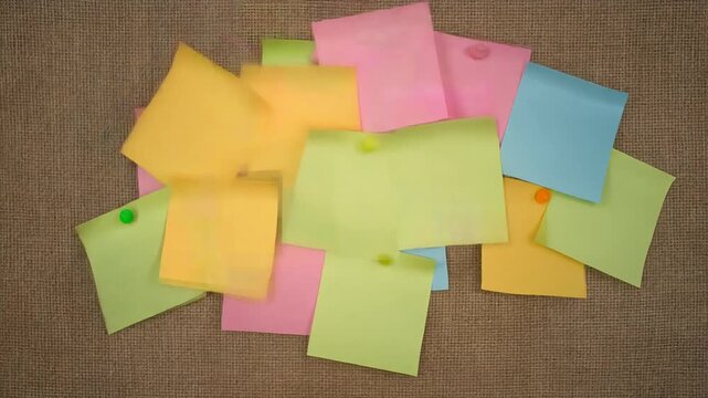 Colorful sticky notes attached to a textured board, perfect for brainstorming and organization in a work environment.