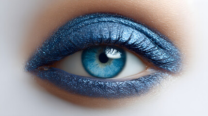 Close-up of a bright blue eye with shimmering metallic blue eyeshadow, conveying allure and beauty.