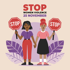 Vector art of two women holding stop signs, advocating to stop violence against women on november 25th, with a purple background and leaves
