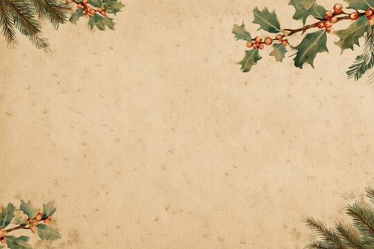 Light kraft paper or beige background, subtle pine and holly decoration on edges, soft warm daylight, natural handmade paper texture, space reserved for personal message or photo.