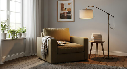 Cozy armchair with reading lamp and books in a sunlit room