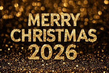 Sparkling Golden Background with Bold Festive "Merry Christmas 2026" Typography, Luxury Holiday Celebration