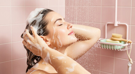 Beautiful woman enjoying a refreshing morning shower, lathering her hair with rich foam for a daily clean and healthy routine