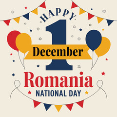 Vector art of happy 1 december romania national day celebration with balloons and bunting flags, festive greeting card