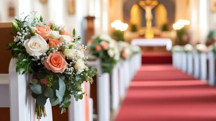 Elegant floral arrangement with white and peach roses and babys breath decorates a ceremonial aisle