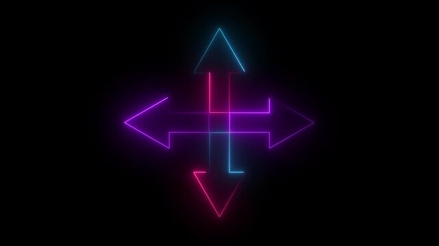 Neon up down direction arrow icon animation. four arrow icon animation on black background.
