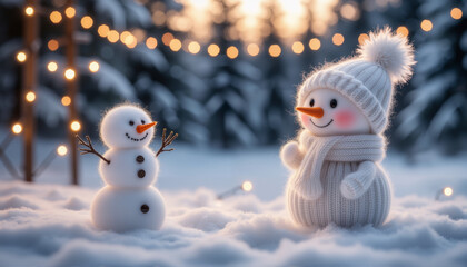 Two snowmen in a winter landscape with festive decorations, a snowman in a hat, scarf and mittens on the background of a winter forest. Celebrating Christmas and New Year