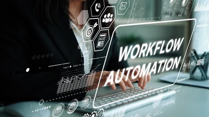 Professional businesswoman typing on a keyboard with workflow automation graphics and digital elements surrounding her in a modern office. Asymptotic smart data analytic. - Powered by Adobe