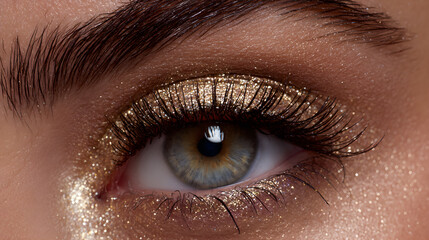 Close-up of a woman's eye with shimmering gold glitter eyeshadow and dramatic lashes, highlighting beauty and glamour.