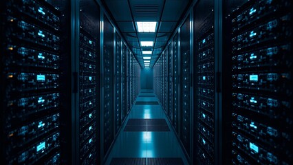 Data centers filled with rows and rows of servers as blinking light indicate constant processing, high detail, cinematic angle composition