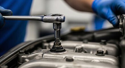 Mechanic's hands in blue gloves tightening a bolt on a car engine with a wrench.