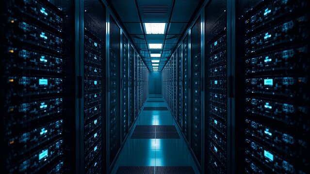 Data centers filled with rows and rows of servers as blinking light indicate constant processing, high detail, cinematic angle composition