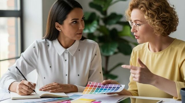Two women collaborating on a project with color swatches