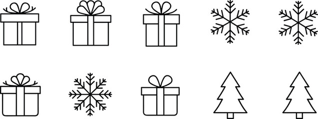 Christmas gift boxes, snowflakes and Christmas tree line icons set, winter holiday outline symbols, festive seasonal vector pack