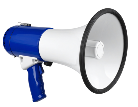  Blue and White Megaphone in Side View with Handle transparent background.