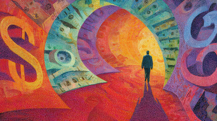 Man walking toward glowing tunnel of currency symbols and abstract numbers evoking financial uncertainty and introspection