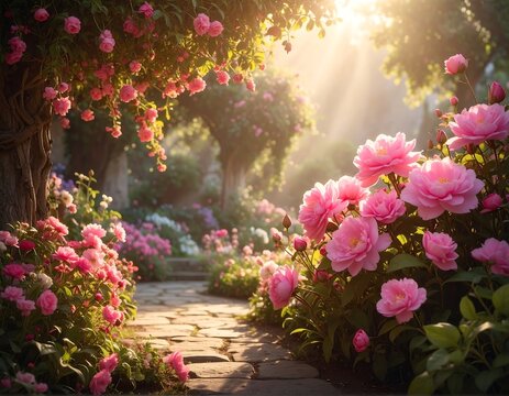 Pathway lined with blooming pink roses in a dreamy, sunlit garden