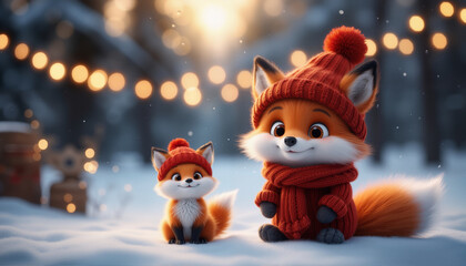 Two cartoon little foxes in a red cap and scarf, sitting on a snowy winter background.
