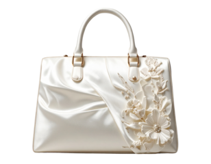Elegant Ivory Bridal Handbag with Floral Embellishments transparent background.