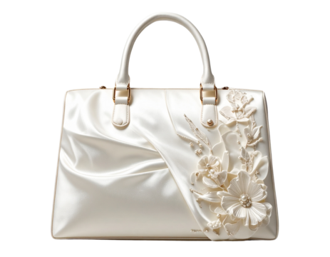   Elegant Ivory Bridal Handbag with Floral Embellishments transparent background.