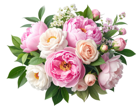 Elegant Bouquet of Pink Peonies and Roses with White Flowers transparent background.