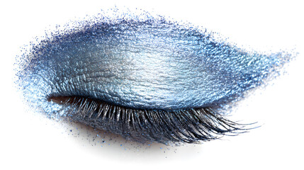 Sparkling blue eyeshadow applied to an open eye with long lashes, creating a glamorous look.