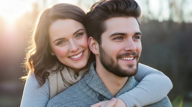 Happy couple embracing outdoors during golden hour