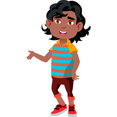 Dark Skinned Boy Wearing Striped Orange and Blue Shirt and Brown Shorts Standing with Left Hand Extended