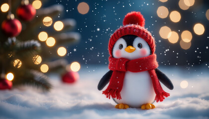 A penguin in a winter landscape with festive decorations in a red hat and scarf on the background of a Christmas tree. Celebrating Christmas and New Year