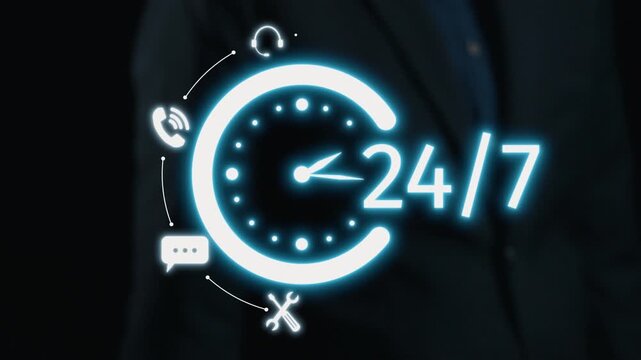 This image depicts a conceptual illustration of 24 hour customer service, showcasing a clock icon surrounded by various communication tools representing continuous support availability. Qubit
