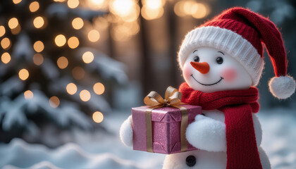 A snowman in a winter landscape with festive decorations in a hat, scarf and mittens holds a padarok against the background of a winter forest. Celebrating Christmas and New Year