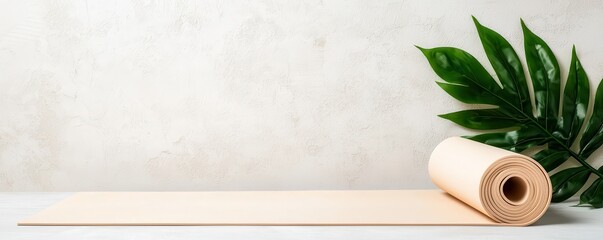 Fitness exercise regimen concept. Yoga mat with a plant against a textured wall background, perfect for fitness and wellness themes.