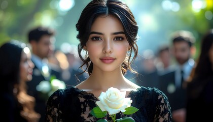 Close-up of womman face with hands holding white rose. People attended the funeral.