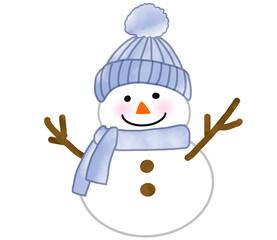 グレーの毛糸の帽子とマフラーをした笑顔の雪だるま