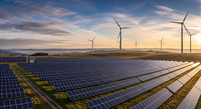 Rows of solar panels and wind turbines in a field at sunrise, symbolizing renewable energy and sustainability - Powered by Adobe