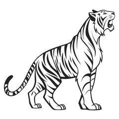 Fototapeta premium Illustration of a roaring tiger standing with black stripes and a curled tail on a white background
