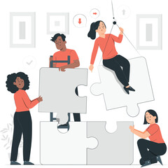 Diverse team of people assembling a large jigsaw puzzle together teamwork collaboration