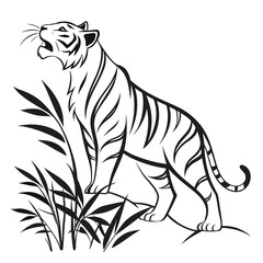 Illustration of a tiger roaring standing near bamboo plants in black and white outline style drawing art