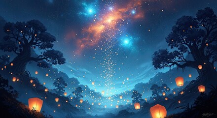 Magical Night Landscape with Floating Lanterns Under a Dazzling Starry Sky and Mysterious Ancient Trees, Expressing Serenity and Wonder, and