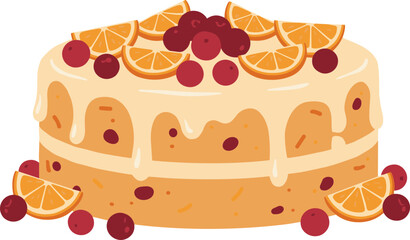 Flat Style Delicious Cake Topped with Orange Slices and Cherries Illustration