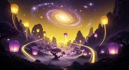 Mystical Lantern Festival: A Journey Through a Dreamscape of Floating Lights Underneath a Swirling Galaxy and Mountainous Landscapes Filled with