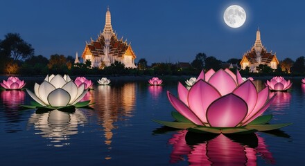 Serene Nightscape: Illuminated Lotus Flowers Floating on Water with Temple Silhouette and a Full Moon Shining Bright in the Clear